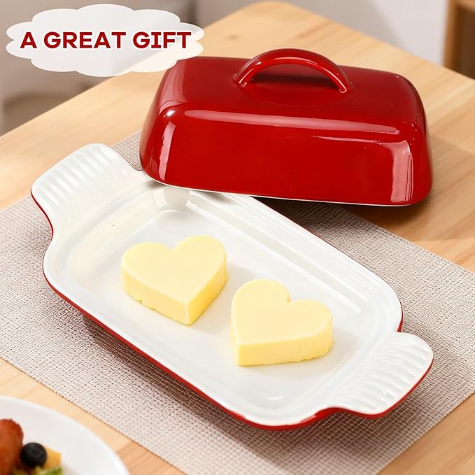Qinyoung Ceramic Butter Dish with Lid for Countertop Extra Large Elegant Butter Dish Tray with Handle Durable Heavyweight Glazed Ceramic Kitchen Container Keeper Non-slip Base Minimalist(Red)