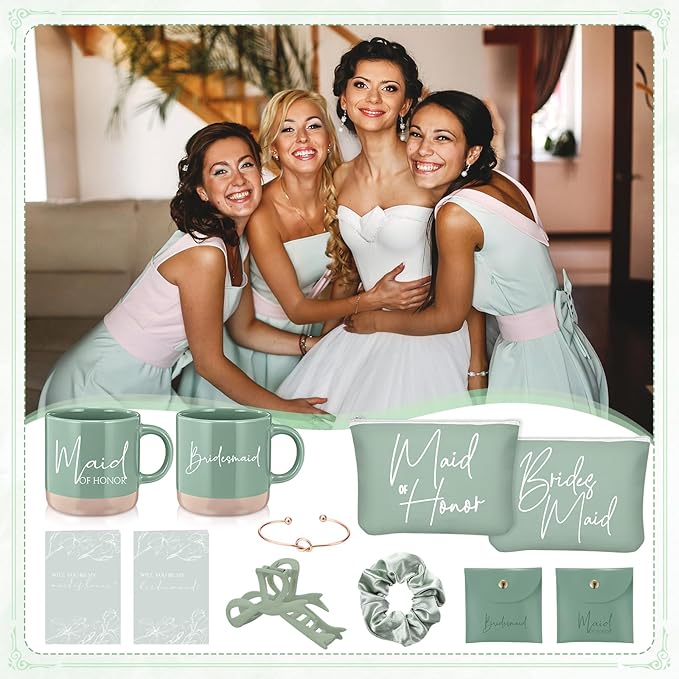 42 Pcs 6 Sets Wedding Favors Bridesmaid Proposal Gifts Maid of Honor Ceramic Coffee Cups Cosmetic Makeup Bags Invited Cards Scrunchies Knotted Bracelets Jewelry Bags Hair Claw Clips(Green)