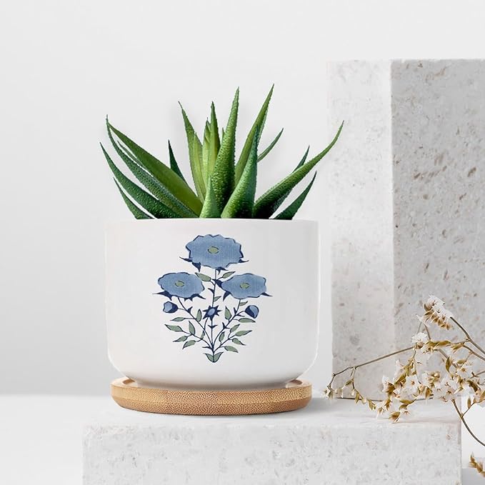 DreamAutumn Blue Flower Ceramic Pots for Plants with Drainage Holes Round Flower Pot Bamboo Tray Orchid Pot Succulents Pots for Outdoor Indoor Plants,Housewarming Gifts