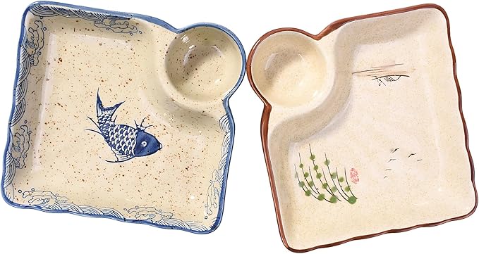 Sushi Plate Set of 2, Different Style Ceramic 7.4 Inch Dumpling Plates with Vinegar Dish Serving for Dumpling, Snack, and Other Food (japanese style yy)