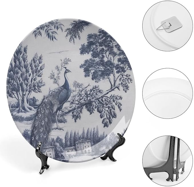 Blue And White Chinoiserie Peacock Plates Ceramic for Display Asin Blue Chinoiserie Bird Office Table Supplies Kitchen Display Holiday Party Decorations Custom Gifts for Men Women Birthday