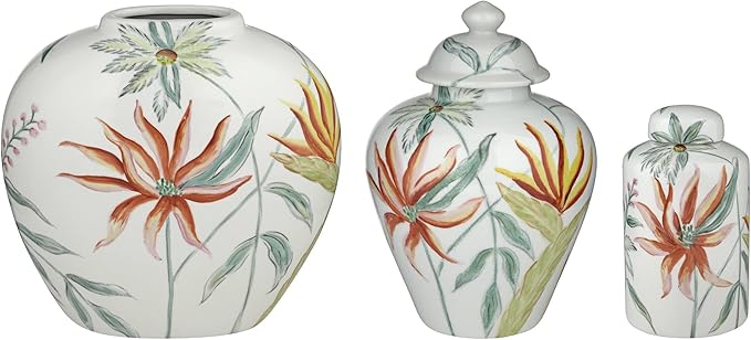 Sensei Red and White 3-Piece Ceramic Vase and Jar Set - Dahlia Studios