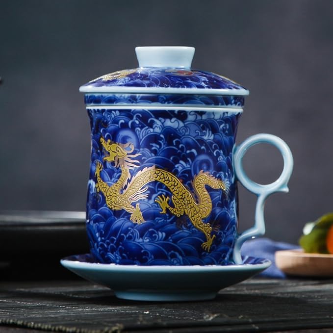 Porcelain Tea Cup with Infuser Lid and Saucer Sets - Chinese Jingdezhen Ceramics Coffee Mug Teacup Loose Leaf Tea Brewing System for Home Office