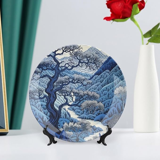 Blue And White Indigo Chinoiserie Decorative Plate for Display Display Farmhouse Supplies Home Wedding Holiday Party Decorations Personalized Gifts for Men Women Thanksgiving, 6", 7", 9", 10"