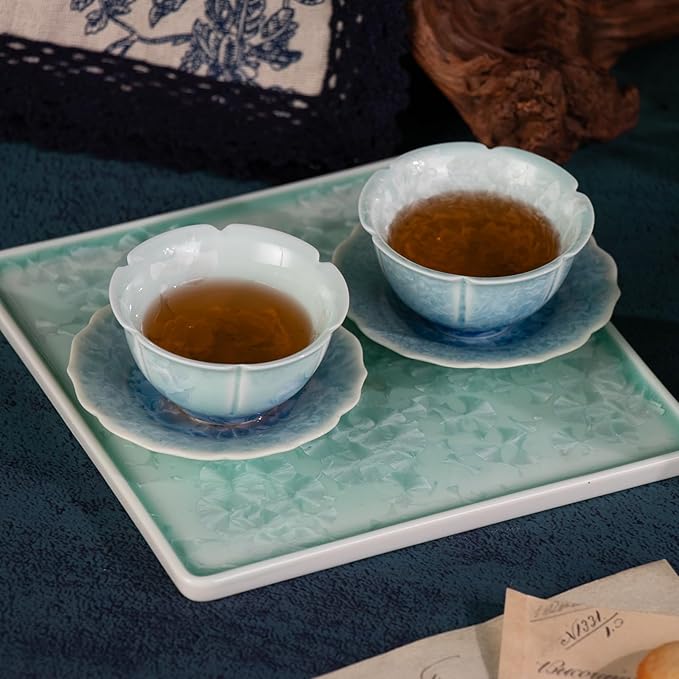 Tea Set for Adults Porcelain Tea Pot and Tea Cups Set, Blue and Cyan Gradient Japanese Ceramic Tea Cups and Saucers Set, Chinese Gong Fu Tea Set (2 Saucer+ 2 Floral Cups +1 Tea Pot + 1 Square Plate)
