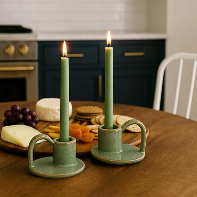 Ceramic Taper Candle Holders with Handle (Set of 2) – Tall Candlestick Holders for Table Decor Centerpieces, Rustic Home Décor, and Dinner Table Styling Avocado Green