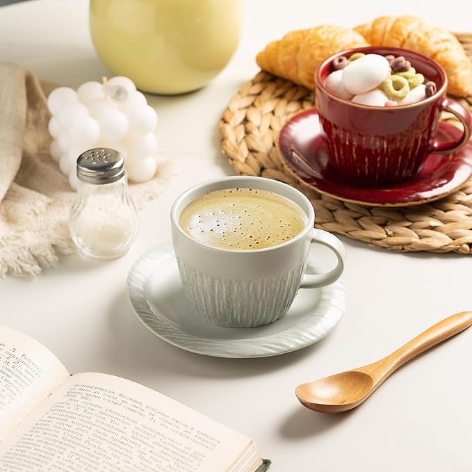Ceramic Latte Cup with Saucer, 7 oz, Coffee Mug, Espresso Cups for Cappuccino, Milk Tea and Mocha, Dishwasher and Microwave Safe (grey)