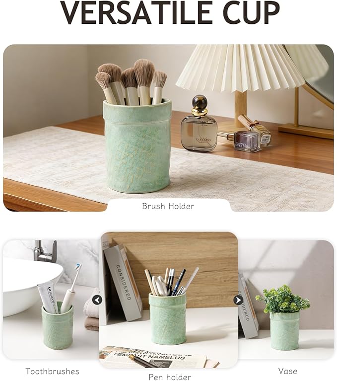 Toothbrush Holder, Tooth Brush Holder for Bathroom - Ceramic Toothbrush Cup Toothbrush Holders Countertop, Makeup Brush Holder Pen Holder, 3.54" x 3.54" x 4.33", Green, ANTIS'S HOME