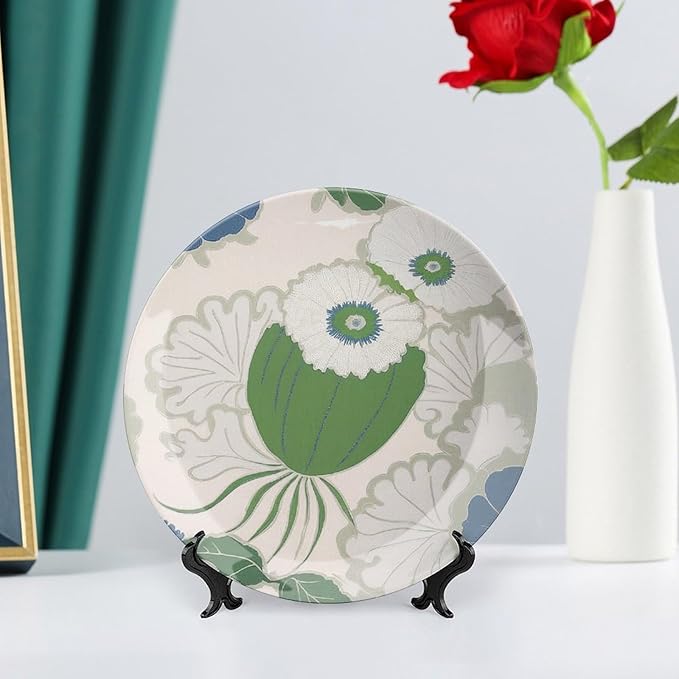 Chinoiserie Floral Green Plant Decorative Plate, Flowers Fruit White Leaves Customize Bone China Decorative Plate for Office Home Club Decor, Unique Art with Stand Art Decor for Festival