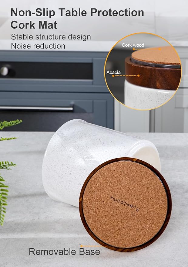 Nucookery 360°Rotating Utensil Holder, 7.2" Large Utensil Crock, Ceramic Cooking Utensil Organizer with Countertop-Protection Cork Bottom for Farmhouse Kitchen Decor Christmas Thanksgiving Gift (Sand)
