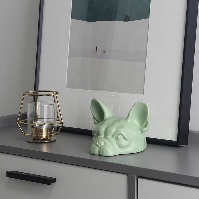 Green Dog Head Statue - Handmade Ceramic Bulldog Figurines for Home Office Decor, Healing Gifts for Dog Lovers (Sage Green, 5.31"×4.72"×3.74")
