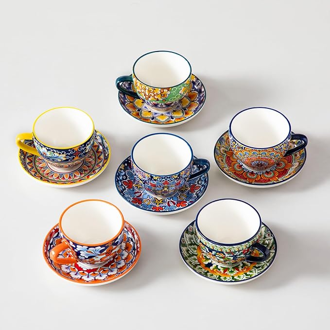 vancasso 8 oz Cappuccino Cups with Saucers Set of 6, Bohemian Ceramic Coffee Cup for Latte, Tea, Espresso, Microwave & Dishwasher Safe - Porcelain Latte Mugs for Kitchen or Cafe