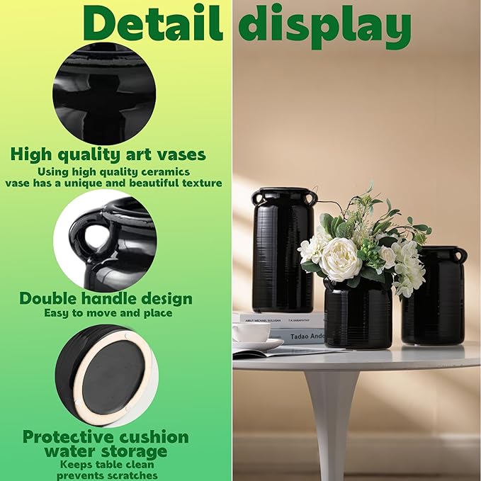 Ceramic Rustic Distressed Black Flower Vase for Centerpieces, Kitchen, Office or Living Room (5.9''x8.6”)