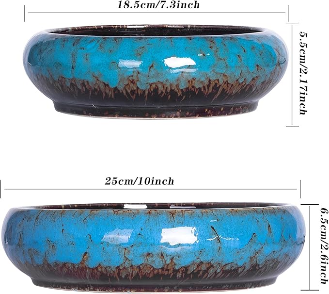 Succulent Pots - 7.3/10 Inch Large Plant Pot Set of 2, Ceramic Bonsai Pot with Drainage Tray Shallow Planters for Indoor Succulents Glazed Cactus Flower Plant Container