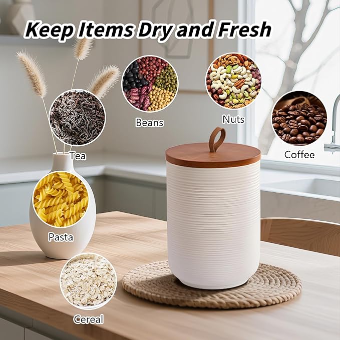 Food Storage Jar Strong Ceramic Storage Canisters with Airtight Wooden Lid,Kitchen Storage Containers for Serving Coffee Beans, Tea, Sugar, Salt, Spices (Little white 9 oz)