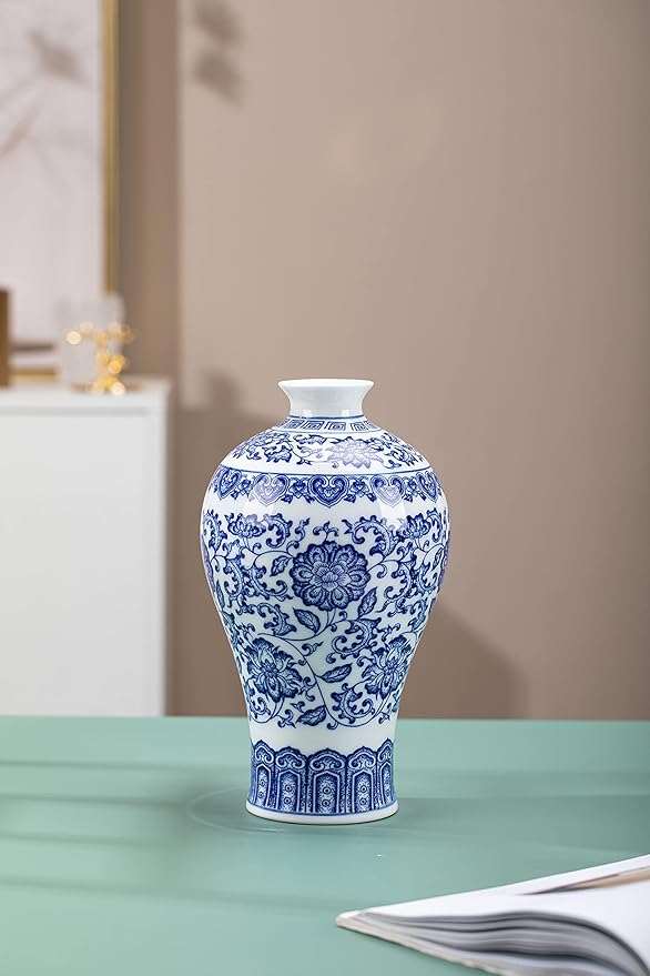 Blue and White Chinoiserie Ginger Jar Vase for Home Decor, Porcelain, 9" H