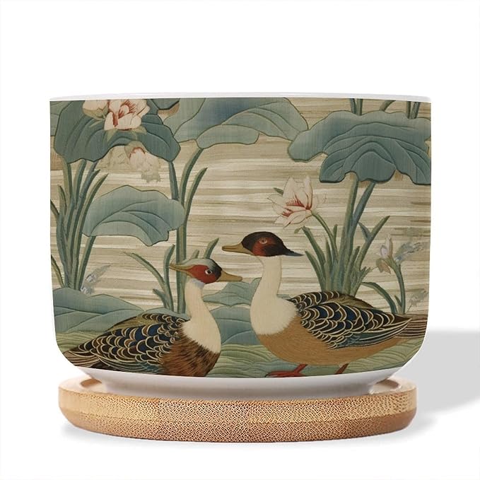 and Duck Garden Small Ceramics Pots for Plants Set of 5 Green Water Lily Chinoiserie Flower Ceramics Plant Pot with Drainage Bamboo Trays Chinoiserie Chic Planter for Succulents