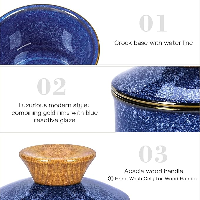 DOWAN French Butter Crock, Ceramic Dish With Lid for Countertop and Fridge, Keeper With Waterline, Flip-Top Container & Spreader, Reactive Glaze Holder, Blue