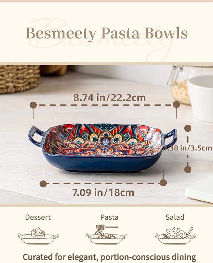 Besmeety Square Pasta Bowls with Handle, Boho Salad Serving Bowls Set of 2, Ceramic 7.09" Pasta Plates for Housewarming Present, Party (Orange+Blue)