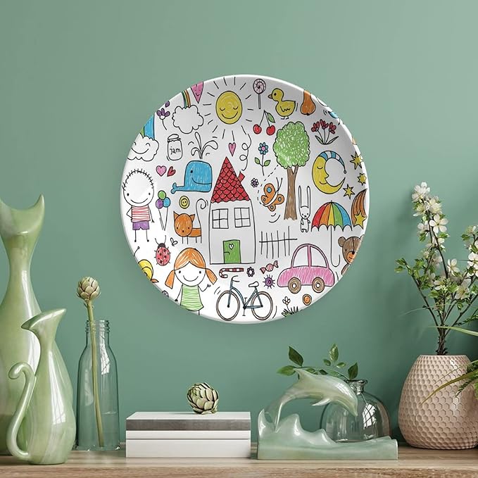 10 Inch Decorative Plate, Doodle Dinner Plate, Simple Childlike Drawing of House Girl and Boy Teddy Bear Print Ceramic Wall Hanging for Fine Dining For Upscale Events, Dinner Parties, Weddings
