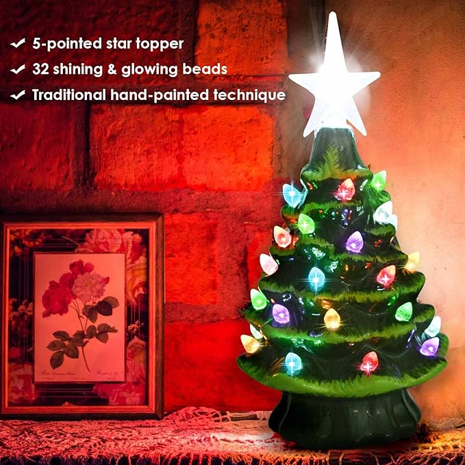 GIVERARE Ceramic Christmas Tree with 6H Timer, 8” Pre-Lit Hand-Painted Tabletop Xmas Decor with 32 Multicolored Lights&Top Star, Retro Centerpiece for Holiday, Party Supplies, Decoration