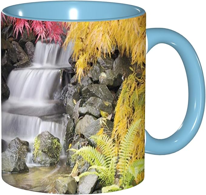 Autumn,Funny Novelty Ceramic Coffee Cups With Handle,Tropical Fall with Colorful Flowers Asian Tea Cup for Office and Home, 11 Oz,Dishwasher Microwave Safe (Sky blue)