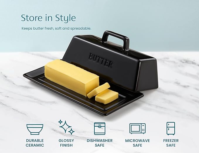 Butter Dish with Lid for Countertop, by Kook, Ceramic Dish Tray with Cover, Kitchen Keeper, Container, Holder (Black)