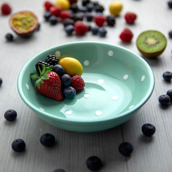 City to Cottage Handmade Teal Blue And White Pottery Polka Dot Glazed 7.3inch/18.5cm, 14oz/400ml Salad, Pasta, Fruit, Cereal, Soup Bowl | Unique Ceramic Dinnerware, Housewarming Gift