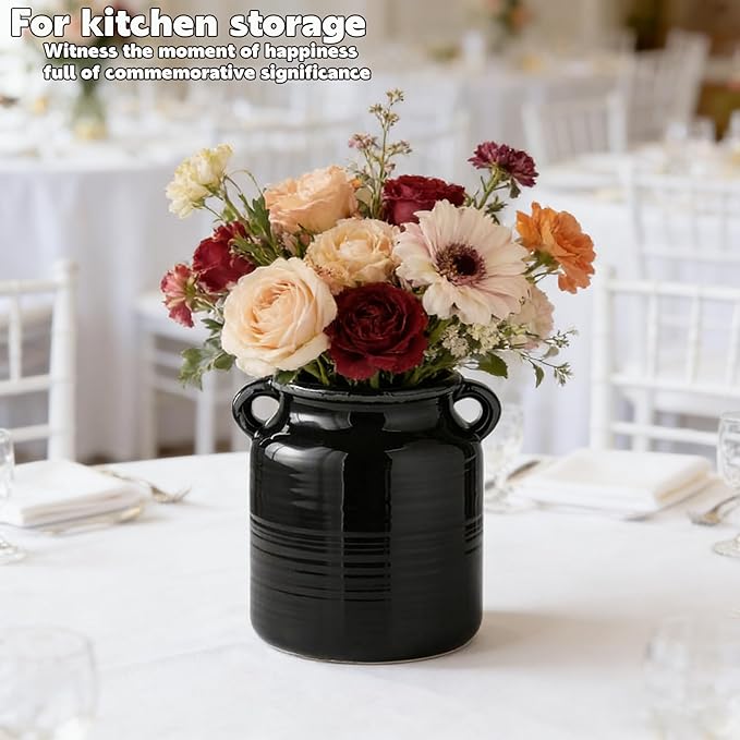 Ceramic Rustic Distressed Black Flower Vase for Centerpieces, Kitchen, Office or Living Room (5.9''x6.3”)