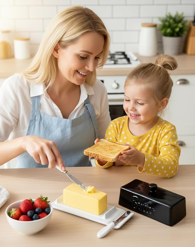 TEATALK Ceramic Butter Dish with Lid and Knife - Large Butter Holder, Farmhouse Style, 8-Inch Porcelain Butter Keeper with Scraper Edge, Black & White