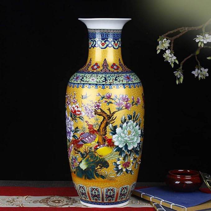 Jingdezhen Large Ceramic Floor Vase, Golden, Height 18.11" (46cm), Round, Handmade, Porcelain, Vase, Floral, Asian Style, Wedding, Mother's Day, Home Decor