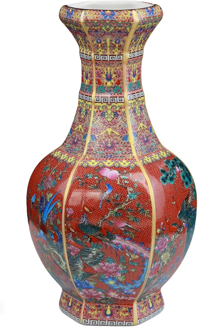Ceramic Vase - 9.84 Inch Hexagonal Enamel Red Floral Vase with Phoenix Pattern, Chinese Home Decor for Living Room, Gift for Hosewarming