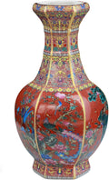 Ceramic Vase - 9.84 Inch Hexagonal Enamel Red Floral Vase with Phoenix Pattern, Chinese Home Decor for Living Room, Gift for Hosewarming