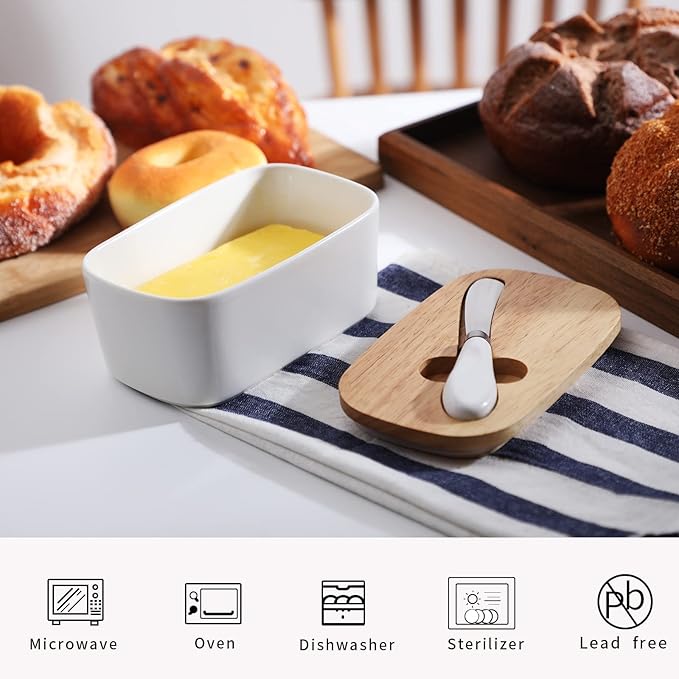 GDCZ Large Ceramic Butter Dish for Countertop Butter Keeper with Silicone Sealing, Natural Wooden Lid and Stainless Steel Knife, Kitchen Decor and Accessories for Kitchen Gifts (White)