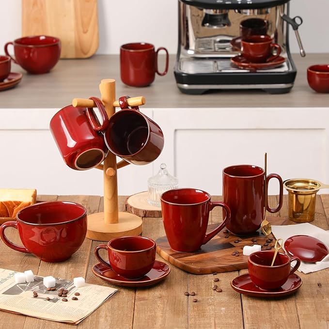 vicrays 6.5 oz Cappuccino Cups with Saucers, Set of 4, Ceramic Coffee Cup for Au Lait, Double shot, Latte, Cafe Mocha, Tea (Cherry Red)
