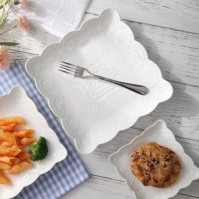 Elegant Square Embossed Lace Plate Bone China Dessert Plate Ceramic Plate for Breakfast Afternoon Tea (White, 8-inch)