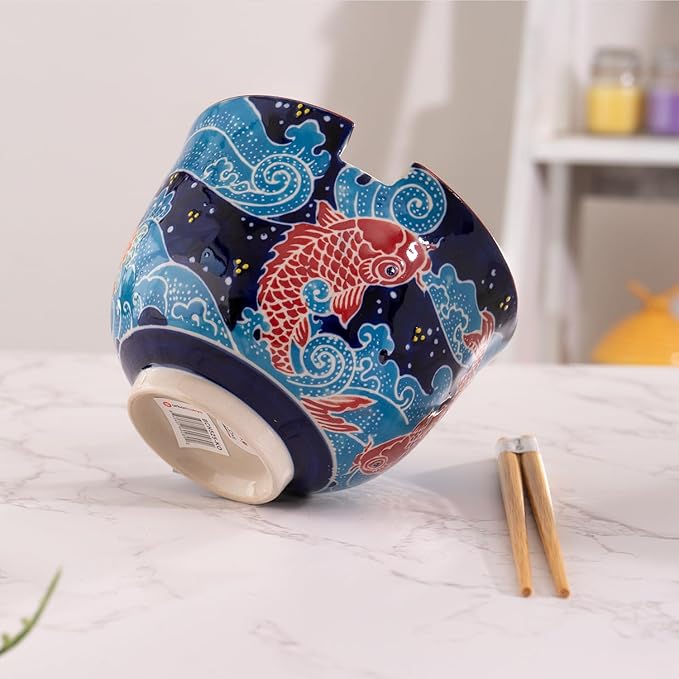 Urban Tokyo Handpainted Ceramic Glazed Japanese Ramen Udon Noodle Rice Bowl With Chopsticks 20 fl oz 5 inch Diameter Bowl Sets Color Box Packaging (Japanese Koi Fish)
