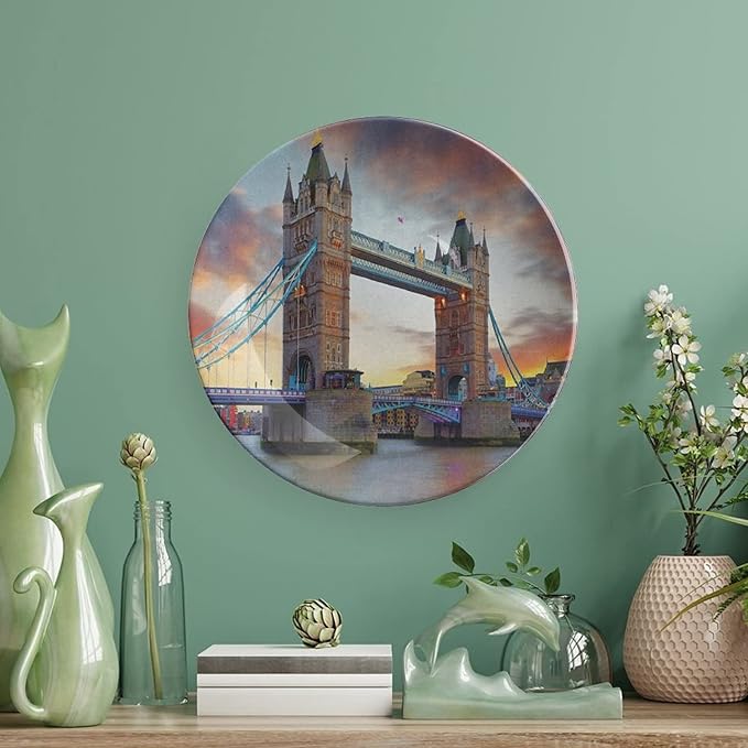 XISUNYA 10 Inch Decorative Plate, London Dinner Plate, Historic Old Tower Bridge London British Kingdom Skyline Print Ceramic Wall Hanging for Home & Office Wall Hanging Decor, Multicolor