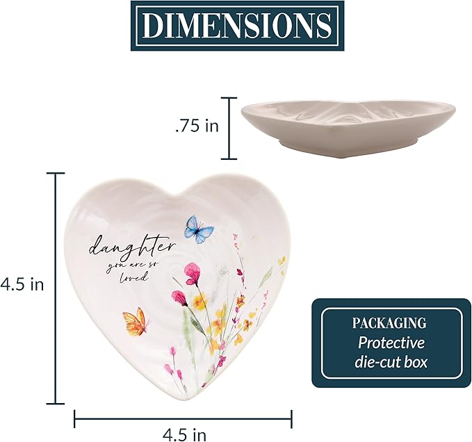 Pavilion Gift Company - Daughter - Ceramic Heart-Shaped Keepsake Dish, Watercolor Floral Design, Unique Daughter Gifts, Trinket Dish, Ring Holder, Jewelry Dish, 1 Count, 4.5-Inches