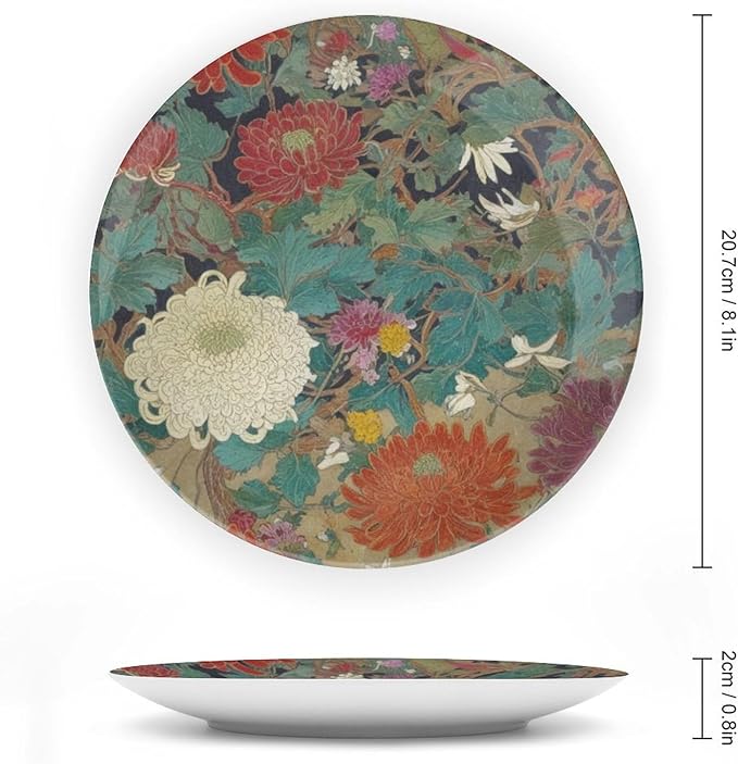 Oriental Floral Chinoiserie Plates Ceramic, Chinoiserie Peony Floral Customize Ceramic Hanging Decorative Plate for Farmhouse Club Decor, Unique Art with Stand Art Decorations for Kitchen Wedding
