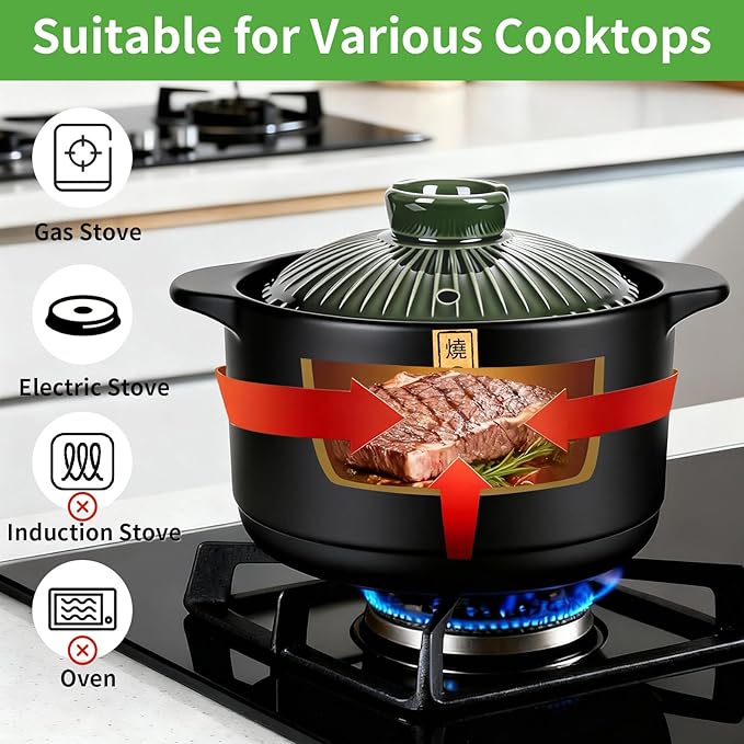 Ceramic Cooking Pot 2.1QT – Authentic Japanese Donabe Clay Pot – Earthenware Stew Pot for Slow Cooking, Casserole with Green Lid, Healthy & Non Toxic