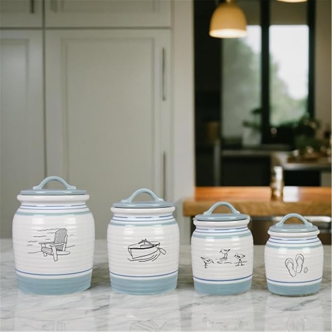 Young's Inc Ceramic Lake Cabin Canister Set with Coastal Lodge & Woodland Designs| Decorative Kitchen Storage Jars for Sugar,Coffee,Flour & Snacks–Rustic Farmhouse Lakehouse Countertop Decor with Lids
