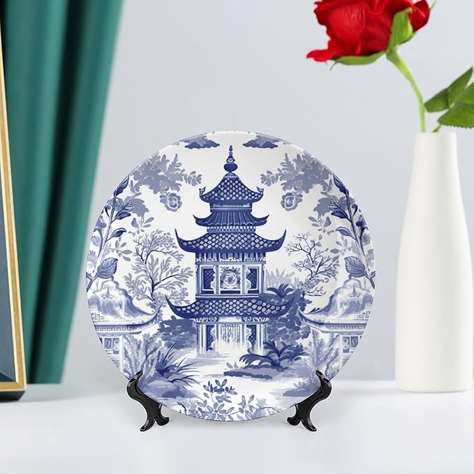 Fashion Plates Chinoiserie Blue Asian Pagoda Custom Decor for Housewarming Gifts Office Wedding Club Porcelain Dessert Plate Set Unique Art with Stand, Multi Sizes by Choosing, Gifts for Men Women