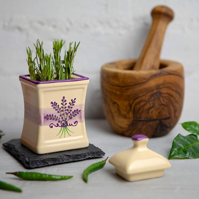 City to Cottage Handmade Small 5.3oz/150ml Ceramic Kitchen Herb, Spice, Storage Jar with Lid, Pottery Canister, Housewarming Gift (Cream Lavender Floral)