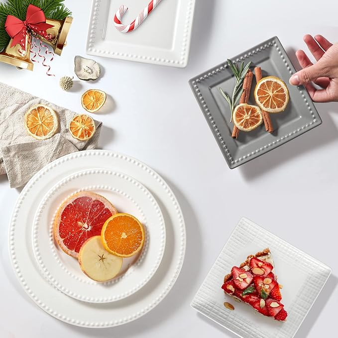 Embossed Appetizer and Dessert Plates, Set of 4, 6 inch Grey Square Dinner Plates for Snack and Restaurant, Dishwasher, Microwave Safe