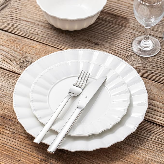HOMBENE Dessert Plates 8 Inches Set for 6 Ceramic Serving Plates,plates for Cake Waffles,Wavy Style, Snacks, Pasta, Noodle, Dinner, Microwave & Dishwasher Safe (White)