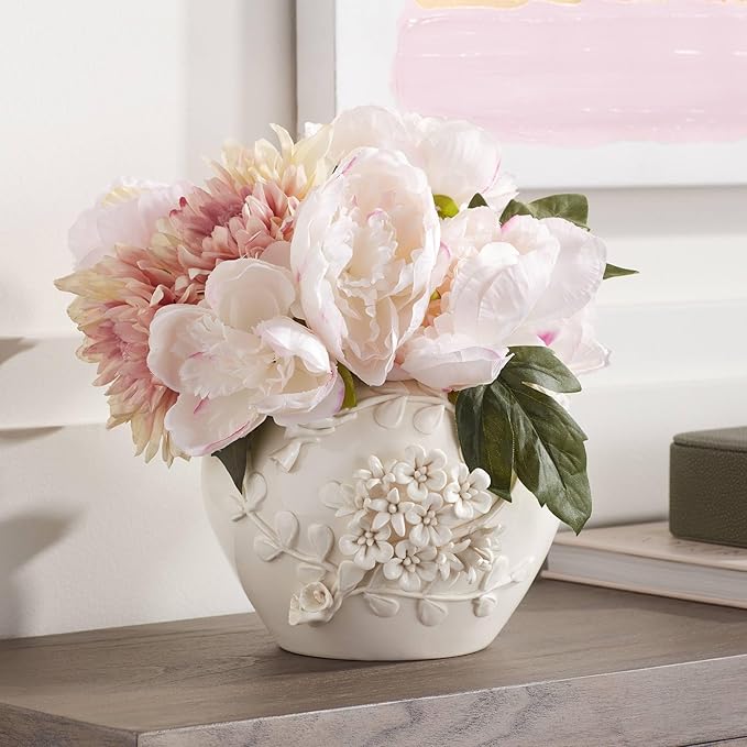 Bloomer 8 3/4" Wide White Glazed Floral Cottage Core Decorative Vase - Dahlia Studios
