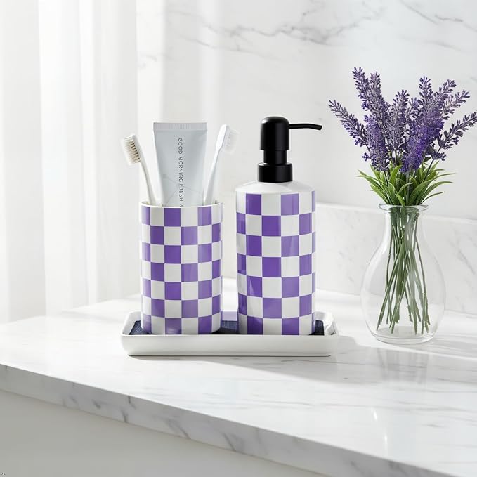 Ceramic Toothbrush Holder, Purple Tooth Brush Holders for Bathrooms, Lavender Bathroom Accessories, Modern Cute Tooth Brush Tumbler/Cup, Toothbrushes Toothpaste Storage Dispenser for Countertop