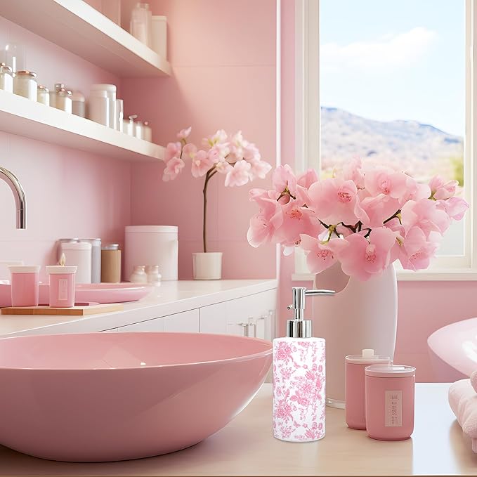 JarThenaAMCS Pink Floral Soap Dispenser Glass Dispenser with Pump Refillable Vintage Chinoiserie Flower Butterfly Liquid Soap Container for Kitchen Bathroom Countertop Decor