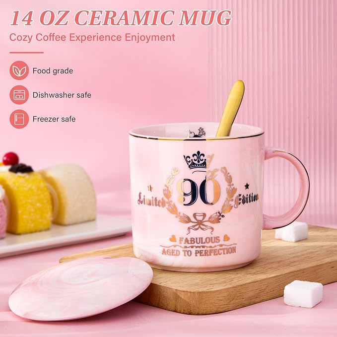 90th Birthday Gifts for Women - Aged to Perfection Coffee Mug - Unique 1935 Birthday Present for Grandma Mom Wife Friend Sister, 14oz Ceramic Coffee Mug Printed Gold with Lid Spoon Card, Nice Gift Box
